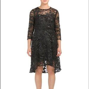 NEW NANETTE LEPORE Sequin Lace Dress Women's 8 Black‎ Floral 3/4 Sleeve High Low